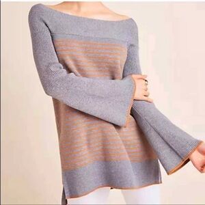 Anthropologie Off-the-Shoulder Gray and Camel Striped Sweater